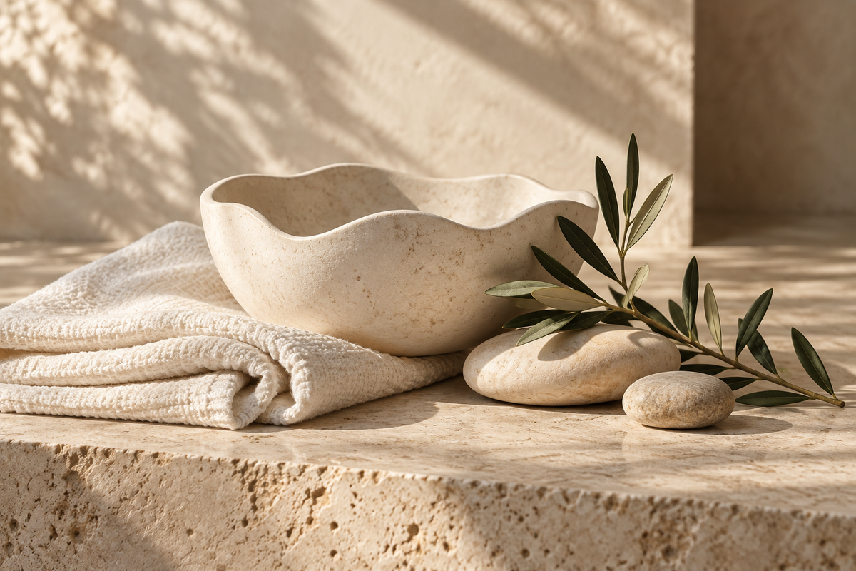 Sunlit ceramic bowl, linen towel and olive branch on natural stone
